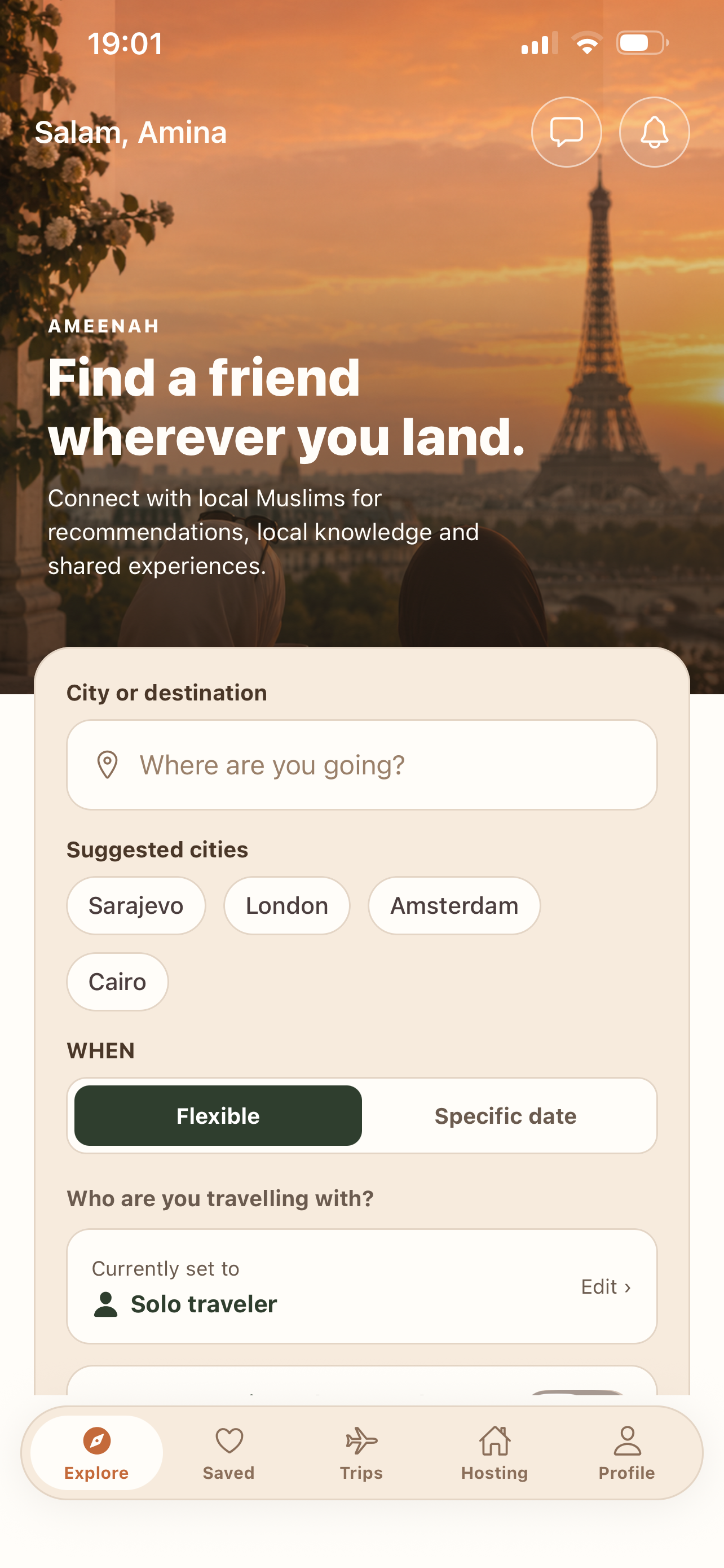 Ameenah app home screen for finding local Muslim hosts